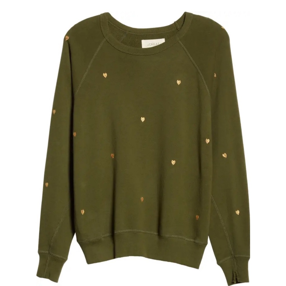 THE GREAT. Women's Embroidered Heart College Sweatshirt in Army Green